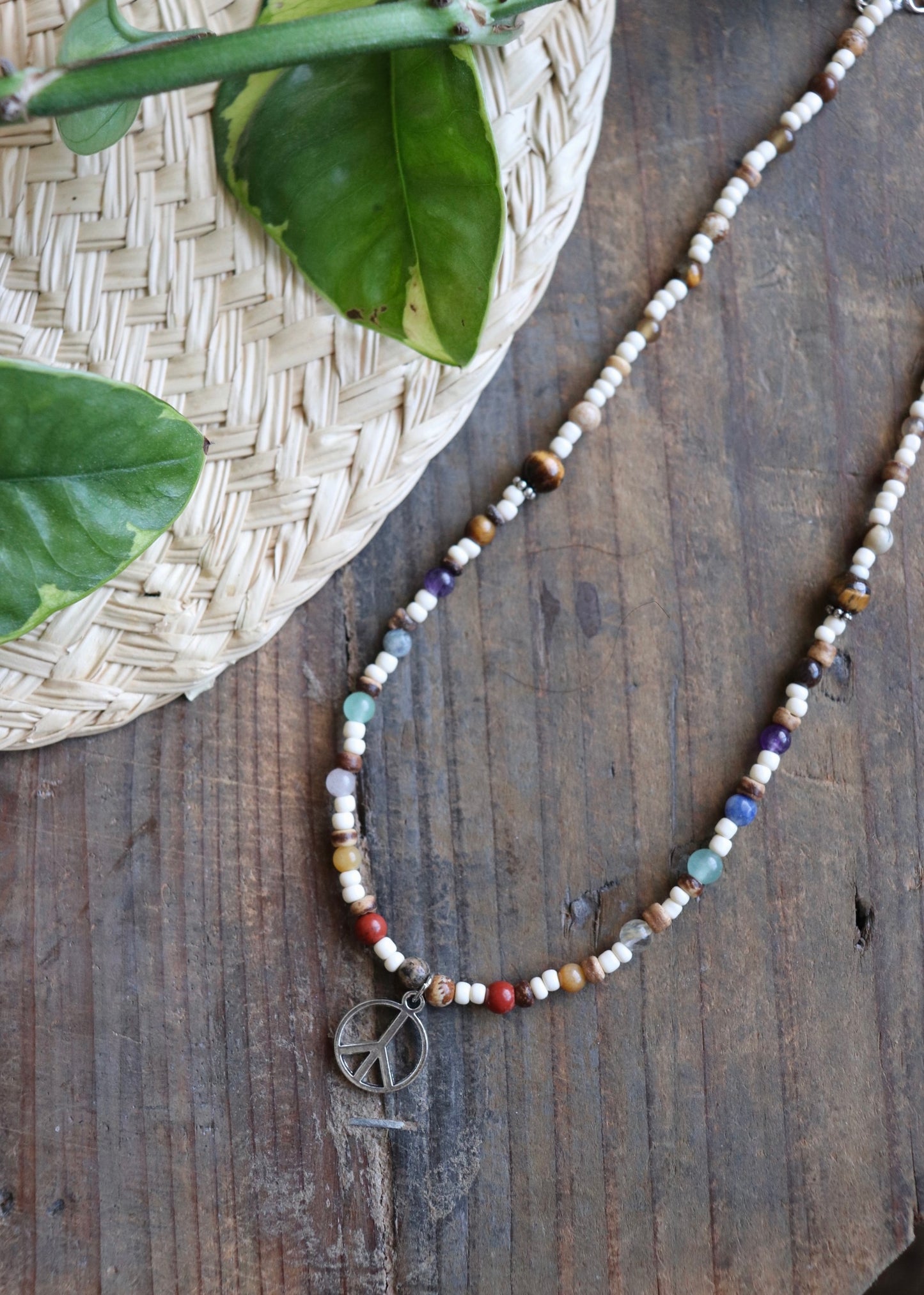Beaded Rainbow Peace Sign Necklace