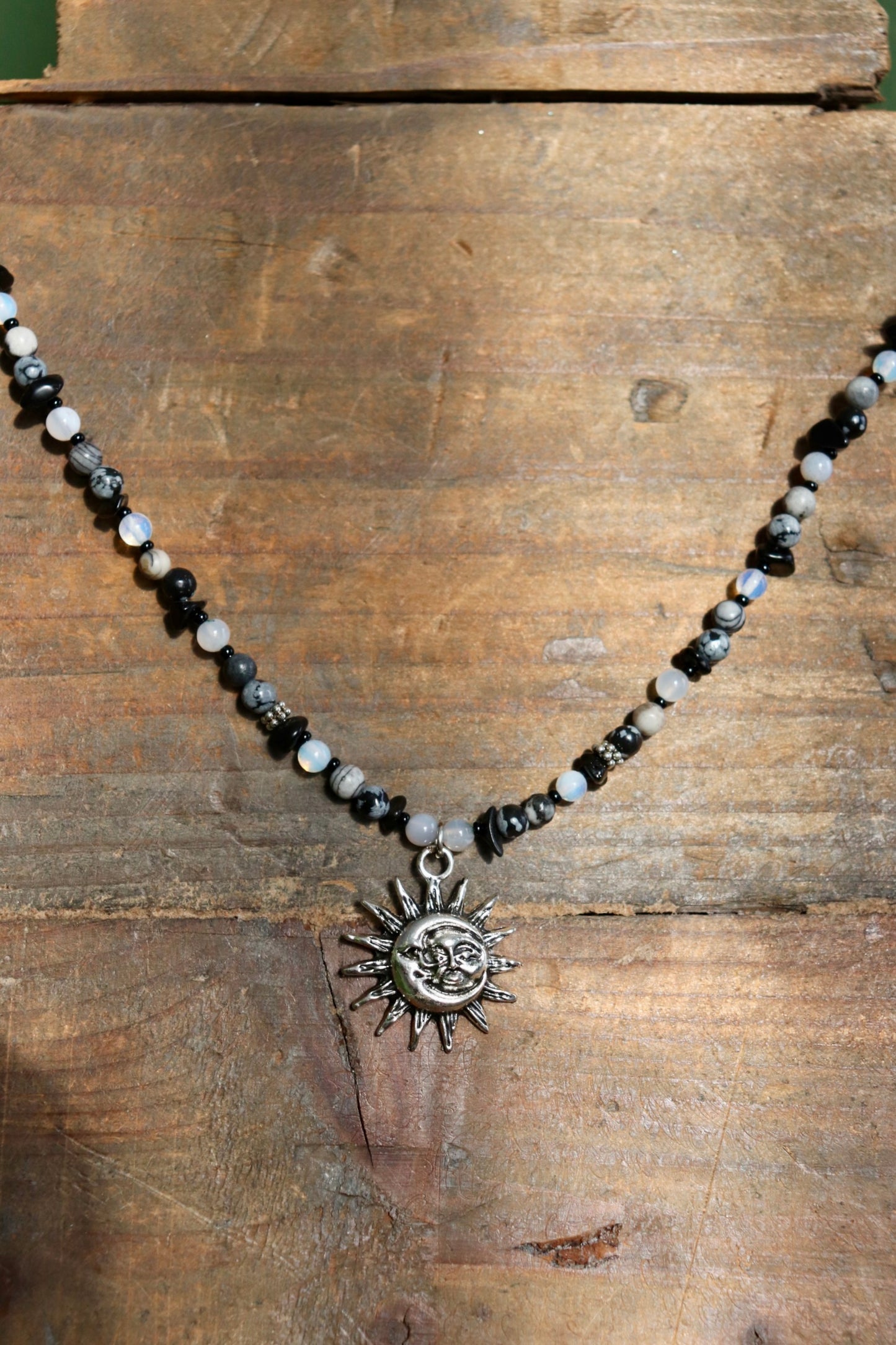 Silver Sun Moon Beaded Necklace
